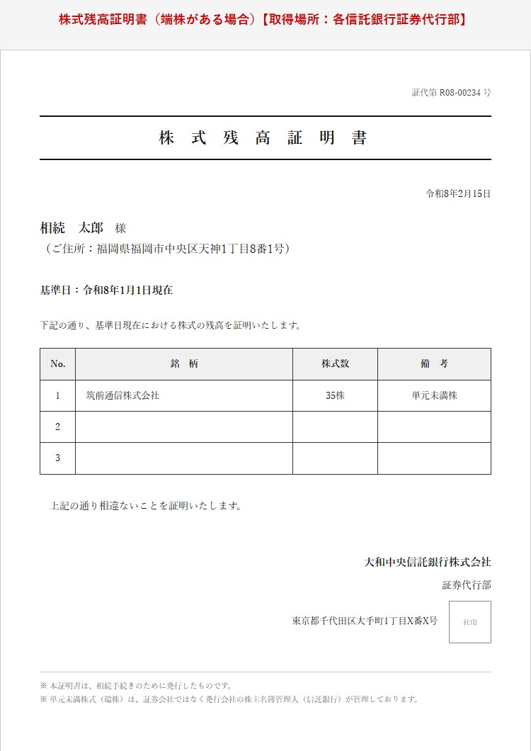株式残高証明書（端株がある場合）