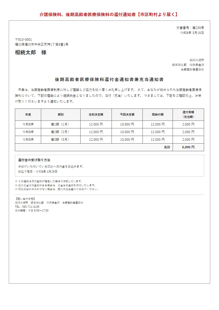 介護保険料・後期高齢者医療保険料の還付通知書